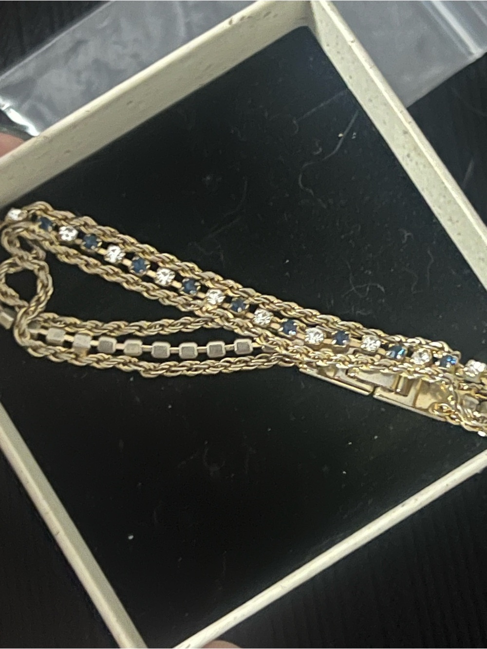 Vintage Gold Multi-Row Bracelet with Blue and Clear Stones 7”